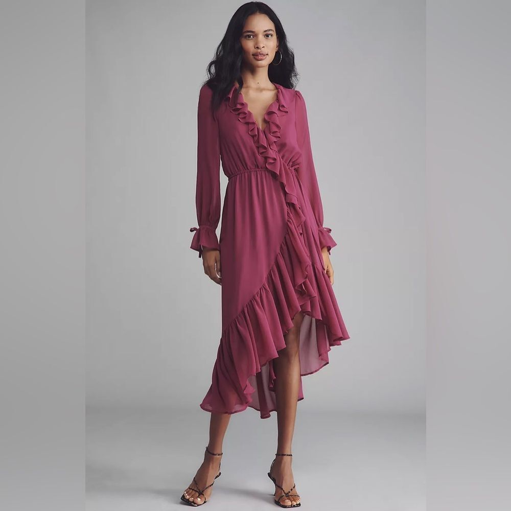 Anthropologie Long-Sleeve Ruffled Asymmetric Midi Dress
